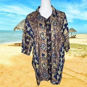🦋Vintage Simultaneous 100% Rayon Men's Batik Print Button Down Shirt